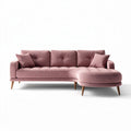 Różowa narożnikowa sofa z poduszkami i drewnianymi nogami 250 x 150 x 80cm