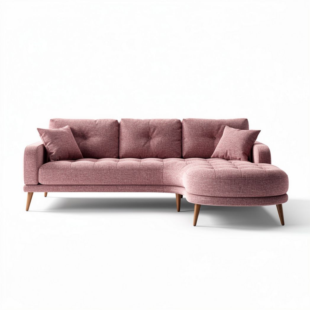Różowa narożnikowa sofa z poduszkami i drewnianymi nogami 250 x 150 x 80cm